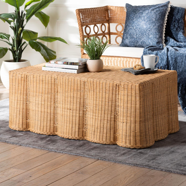 Baxton Studio Bali Palm Scalloped Rattan Coffee Table - Handcrafted Wicker Accent Table For Chic Coastal Living Light Honey Natural Rattan,Plywood(Underneath Tabletop),Metal(Internal Frame） Palm-light Honey Rattan-rectangular-coffee Table