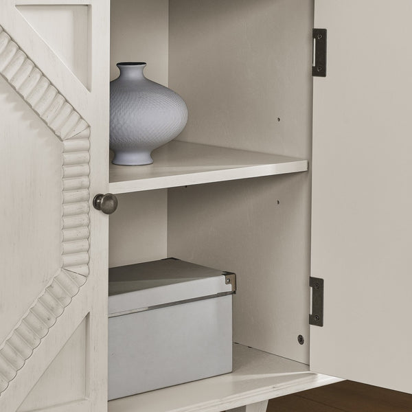 English Elm 65.2" Mid Century Sideboard Buffet with Fluted Geometric Doors, Spacious Adjustable Shelves & Brass Accents Antique White W1801P346230