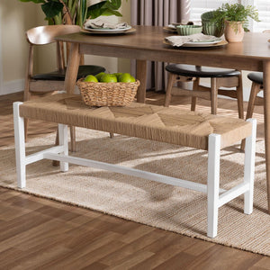 Baxton Studio bali Prita Handcrafted Woven Paper Loom Bench with Mahogany Frame – Stylish Accent for Any Space White BNCH-1-WH Wood/BR Loom-Bench