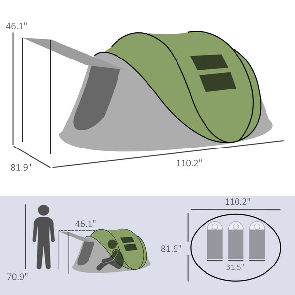 English Elm Outsunny Instant Pop up Camping Tent with Porch Vestibule Waterproof 3 Person Dome Green W2225P200771