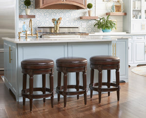 English Elm 26in. Faux Leather Swivel Barstool Nailhead Trim Carved Wood Counter Height Kitchen B2751P436436