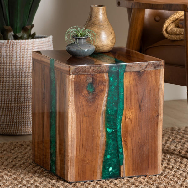 Baxton Studio bali Anan Teak Wood Epoxy Resin End Table - Handcrafted Modern Cube Accent for Living Room & Bedroom Anan-SQ-Hollow Teak Wood/Resin-Side Table-Boxed