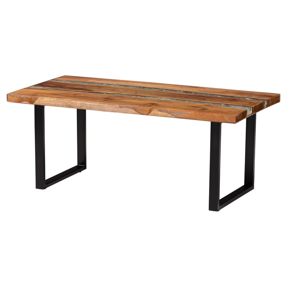 Baxton Studio bali Apio Wood Coffee Table with Epoxy Resin Inlay - Unique Rustic Teak Design on Black Metal Base Apio-Hollow Teak Wood/Resin-Coffee Table-Boxed