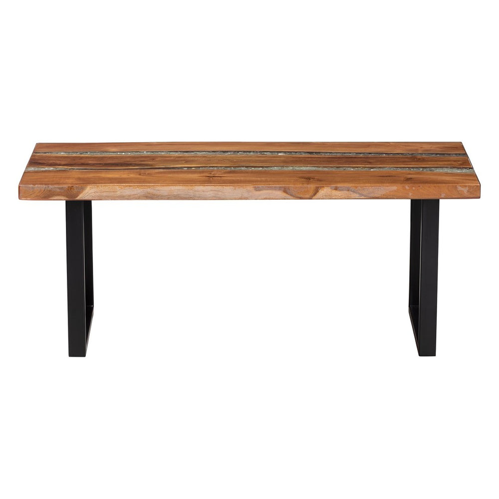 Baxton Studio bali Apio Wood Coffee Table with Epoxy Resin Inlay - Unique Rustic Teak Design on Black Metal Base Apio-Hollow Teak Wood/Resin-Coffee Table-Boxed