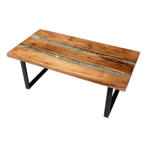 Baxton Studio bali Apio Wood Coffee Table with Epoxy Resin Inlay - Unique Rustic Teak Design on Black Metal Base Apio-Hollow Teak Wood/Resin-Coffee Table-Boxed