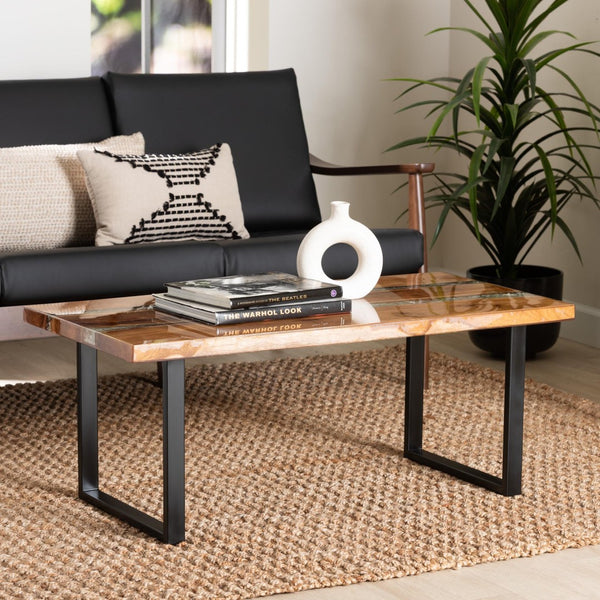 Baxton Studio bali Apio Wood Coffee Table with Epoxy Resin Inlay - Unique Rustic Teak Design on Black Metal Base Apio-Hollow Teak Wood/Resin-Coffee Table-Boxed