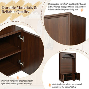 English Elm On-trend Farmhouse Hall Tree Arched Cabinet Storage Bench with Golden Hooks Mudroom Walnut N721S000080P