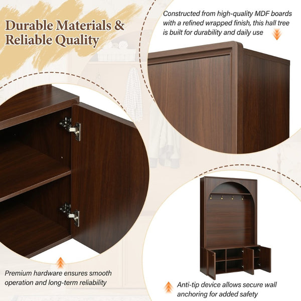 English Elm On-trend Farmhouse Hall Tree Arched Cabinet Storage Bench with Golden Hooks Mudroom Walnut N721S000080P