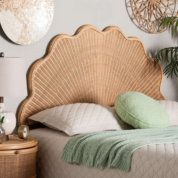 Baxton Studio bali Callias Natural Rattan Scalloped Headboard – Handcrafted Coastal Boho Design for Queen Beds WS152 Scalloped Natural Rattan-Queen-HB