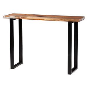 Baxton Studio bali Apio Wood Epoxy Resin Console Table - Unique Live Edge Teak Accent with Black Metal Base, Rustic Modern Style for Your Home Apio-Hollow Teak Wood/Resin-Console Table-Boxed