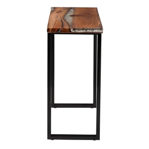 Baxton Studio bali Apio Wood Epoxy Resin Console Table - Unique Live Edge Teak Accent with Black Metal Base, Rustic Modern Style for Your Home Apio-Hollow Teak Wood/Resin-Console Table-Boxed
