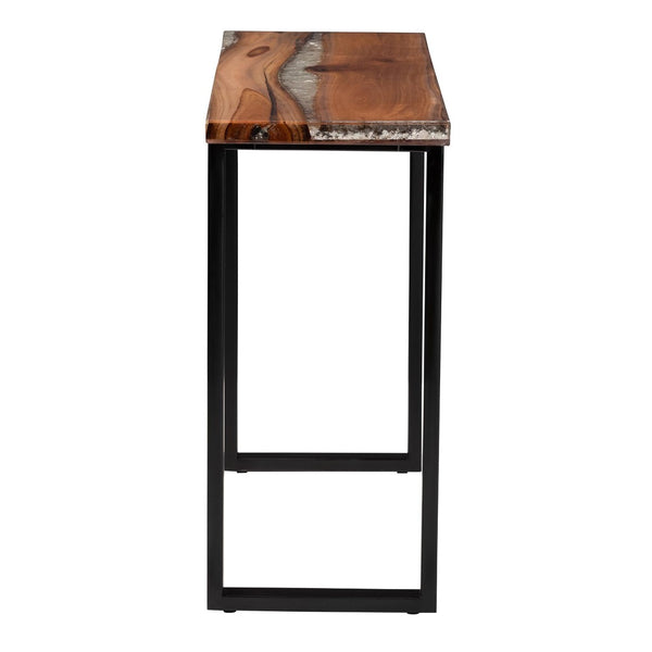 Baxton Studio bali Apio Wood Epoxy Resin Console Table - Unique Live Edge Teak Accent with Black Metal Base, Rustic Modern Style for Your Home Apio-Hollow Teak Wood/Resin-Console Table-Boxed