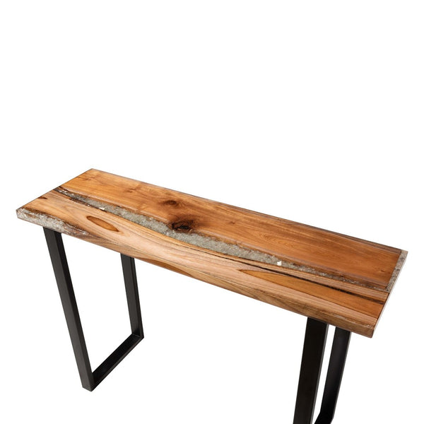 Baxton Studio bali Apio Wood Epoxy Resin Console Table - Unique Live Edge Teak Accent with Black Metal Base, Rustic Modern Style for Your Home Apio-Hollow Teak Wood/Resin-Console Table-Boxed