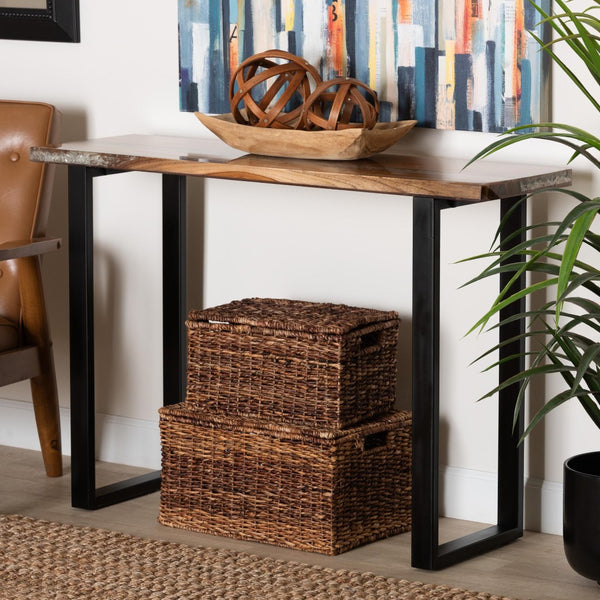 Baxton Studio bali Apio Wood Epoxy Resin Console Table - Unique Live Edge Teak Accent with Black Metal Base, Rustic Modern Style for Your Home Apio-Hollow Teak Wood/Resin-Console Table-Boxed