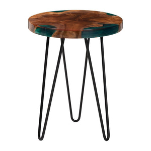 Baxton Studio bali Anan Teak Wood Epoxy Resin End Table - Unique Round Live Edge Accent Table with Metal Legs Anan-RD-Hollow Teak Wood/Resin-Side Table-Boxed