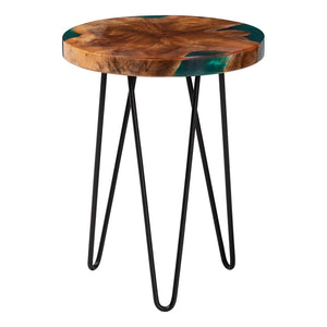 Baxton Studio bali Anan Teak Wood Epoxy Resin End Table - Unique Round Live Edge Accent Table with Metal Legs Anan-RD-Hollow Teak Wood/Resin-Side Table-Boxed