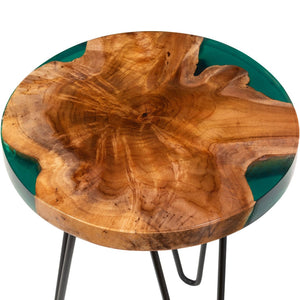Baxton Studio bali Anan Teak Wood Epoxy Resin End Table - Unique Round Live Edge Accent Table with Metal Legs Anan-RD-Hollow Teak Wood/Resin-Side Table-Boxed