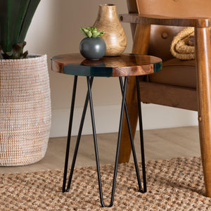 Baxton Studio bali Anan Teak Wood Epoxy Resin End Table - Unique Round Live Edge Accent Table with Metal Legs Anan-RD-Hollow Teak Wood/Resin-Side Table-Boxed