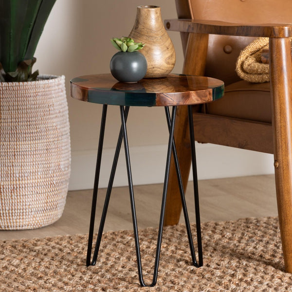 Baxton Studio bali Anan Teak Wood Epoxy Resin End Table - Unique Round Live Edge Accent Table with Metal Legs Anan-RD-Hollow Teak Wood/Resin-Side Table-Boxed