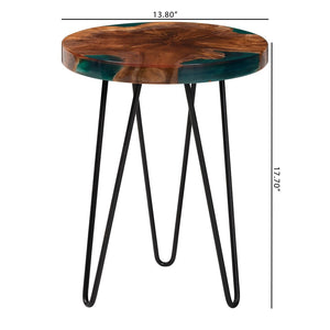 Baxton Studio bali Anan Teak Wood Epoxy Resin End Table - Unique Round Live Edge Accent Table with Metal Legs Anan-RD-Hollow Teak Wood/Resin-Side Table-Boxed