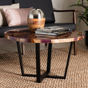 Baxton Studio bali Apio Round Wood Epoxy Resin Coffee Table - Unique Handcrafted Teak with Black Metal Base, Modern Charm Apio-Round-Hollow Teak Wood/Resin-Coffee Table-Boxed