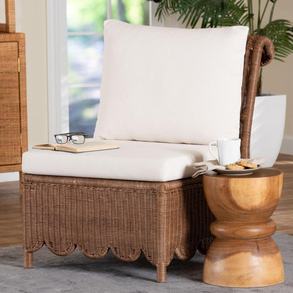 Baxton Studio bali & pari Detta Handwoven Rattan Accent Chair - Boho Coastal Lounge Chair with Plush Cushions, Perfect for Sunroom Detta-Peanut Brn-Rattan-Armless-Cushion-Chair