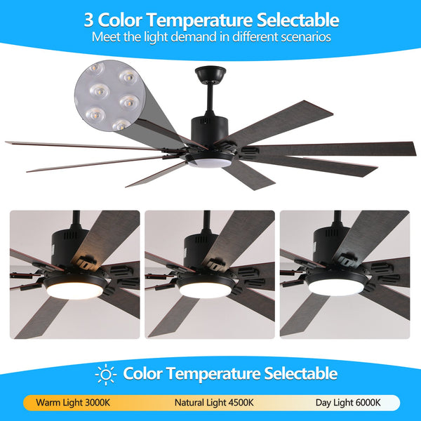 English Elm 72" Walnut LED Ceiling Fan Light with 8 Wooden Blades, Remote, Dimmable Color Temp, Quiet DC Motor Elegance W1340P244569