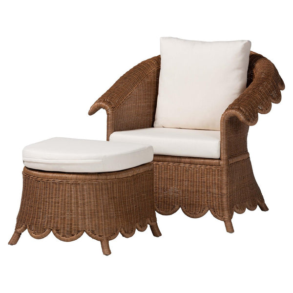 Baxton Studio bali Natural Rattan Armchair & Ottoman Set - Handwoven 2-Piece Wicker Lounge for Coastal Charm Detta-Peanut Brown-Rattan-2PC Lounge Chair with Stool-Set