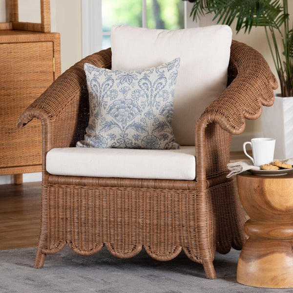 Baxton Studio bali Natural Rattan Armchair - Handwoven Boho Chair with Plush Cushions & Scalloped Skirt Design Detta-Peanut Brown-Rattan-Lounge-Cushion-AC