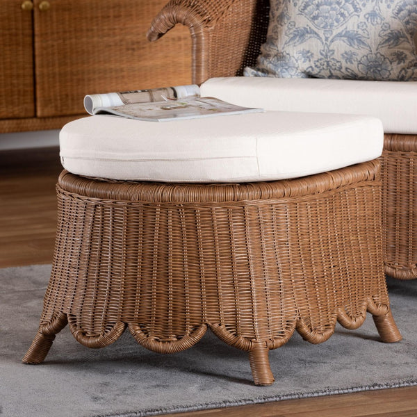 Baxton Studio bali & pari Natural Rattan Footstool with Cushion - Handcrafted Bohemian Ottoman for Coastal Charm Detta-Peanut Brown-Rattan-Cushion-Stool