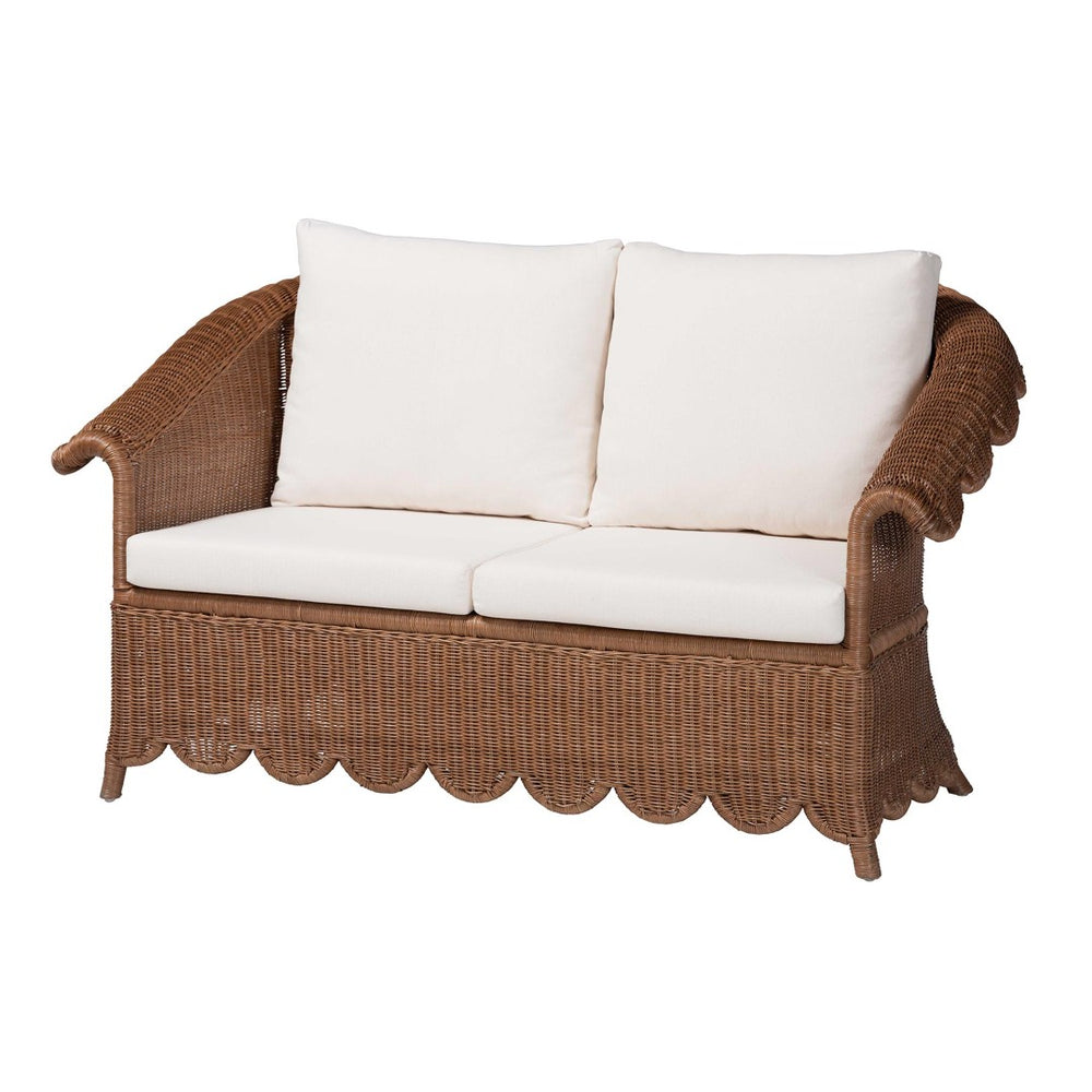 Baxton Studio bali & pari Detta Handwoven Rattan Loveseat - Plush Cushions, Scalloped Frame, Boho Chic for Cozy Spaces Detta-Peanut Brown-Rattan-Cushion-LS