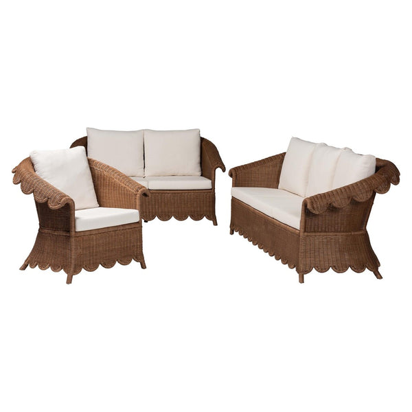 Baxton Studio bali Detta Natural Rattan 3-Piece Living Room Set - Handcrafted Boho Wicker Sofa, Loveseat & Chair Detta-Peanut Brown-Rattan-3PC Set