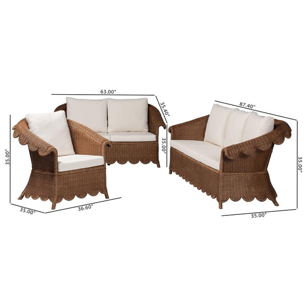 Baxton Studio bali Detta Natural Rattan 3-Piece Living Room Set - Handcrafted Boho Wicker Sofa, Loveseat & Chair Detta-Peanut Brown-Rattan-3PC Set