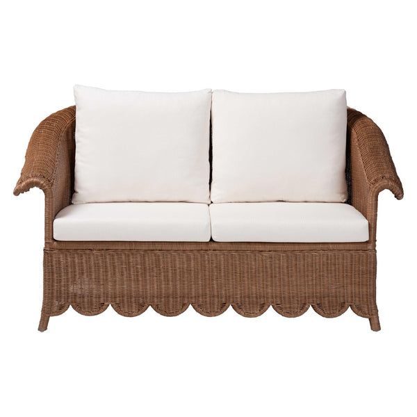 Baxton Studio bali & pari Detta Handwoven Rattan Loveseat - Plush Cushions, Scalloped Frame, Boho Chic for Cozy Spaces Detta-Peanut Brown-Rattan-Cushion-LS