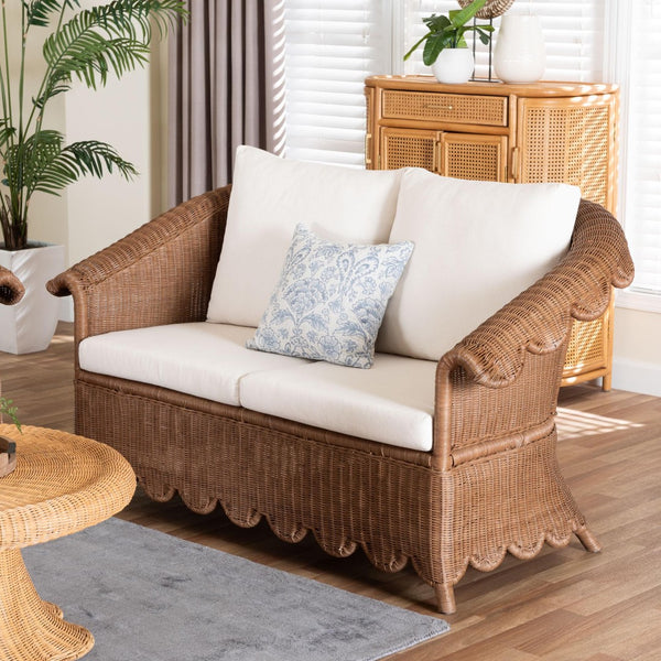 Baxton Studio bali & pari Detta Handwoven Rattan Loveseat - Plush Cushions, Scalloped Frame, Boho Chic for Cozy Spaces Detta-Peanut Brown-Rattan-Cushion-LS
