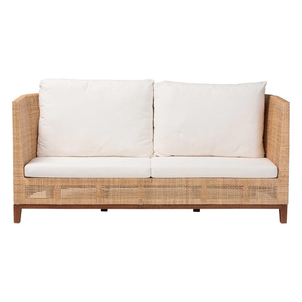 Baxton Studio bali Edda Handcrafted Natural Rattan Sofa - Stylish 3-Seater Couch with Plush Cushions for Coastal Living Edda-Natural-Rattan/Wooden-Cushion-Sofa