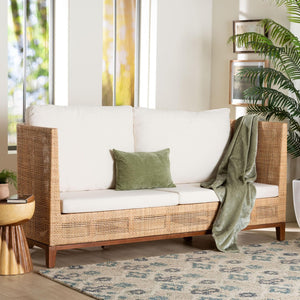 Baxton Studio bali Edda Handcrafted Natural Rattan Sofa - Stylish 3-Seater Couch with Plush Cushions for Coastal Living Edda-Natural-Rattan/Wooden-Cushion-Sofa