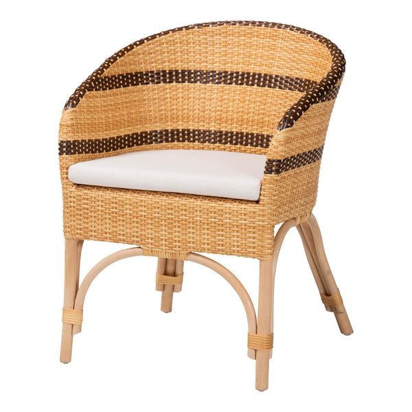 Baxton Studio bali Elma Rattan Dining Chair - Boho Barrel-Back Accent Chair with Removable Cushion for Cozy Spaces Elma-Natural/Brown Stripes-Rattan-Cushion-DC