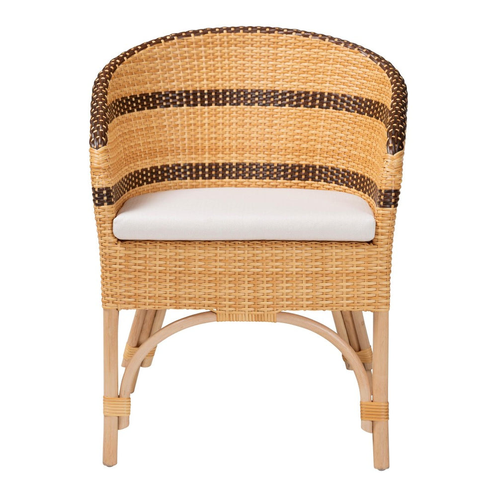 Baxton Studio bali Elma Rattan Dining Chair - Boho Barrel-Back Accent Chair with Removable Cushion for Cozy Spaces Elma-Natural/Brown Stripes-Rattan-Cushion-DC