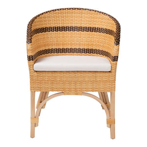 Baxton Studio bali Elma Rattan Dining Chair - Boho Barrel-Back Accent Chair with Removable Cushion for Cozy Spaces Elma-Natural/Brown Stripes-Rattan-Cushion-DC