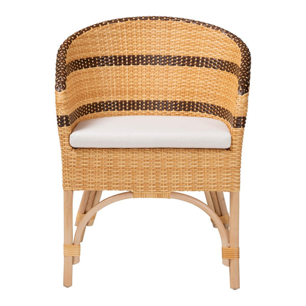 Baxton Studio bali Elma Rattan Dining Chair - Boho Barrel-Back Accent Chair with Removable Cushion for Cozy Spaces Elma-Natural/Brown Stripes-Rattan-Cushion-DC