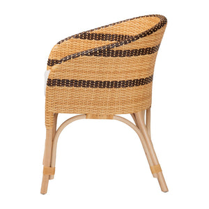 Baxton Studio bali Elma Rattan Dining Chair - Boho Barrel-Back Accent Chair with Removable Cushion for Cozy Spaces Elma-Natural/Brown Stripes-Rattan-Cushion-DC