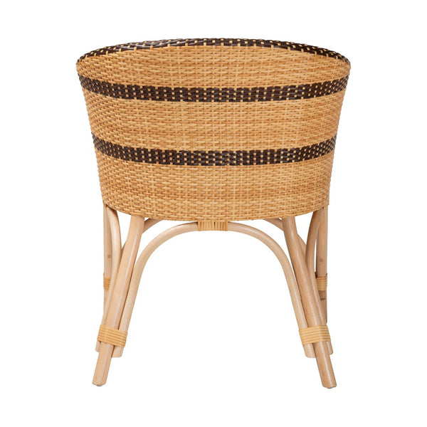 Baxton Studio bali Elma Rattan Dining Chair - Boho Barrel-Back Accent Chair with Removable Cushion for Cozy Spaces Elma-Natural/Brown Stripes-Rattan-Cushion-DC