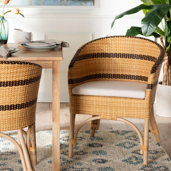 Baxton Studio bali Elma Rattan Dining Chair - Boho Barrel-Back Accent Chair with Removable Cushion for Cozy Spaces Elma-Natural/Brown Stripes-Rattan-Cushion-DC