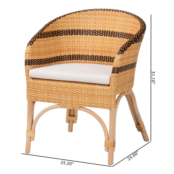 Baxton Studio bali Elma Rattan Dining Chair - Boho Barrel-Back Accent Chair with Removable Cushion for Cozy Spaces Elma-Natural/Brown Stripes-Rattan-Cushion-DC