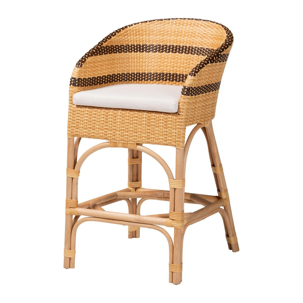 Baxton Studio bali Elma Rattan Counter Stool with Cushion - Chic Barrel-Back Design for Boho Coastal Kitchens Elma-Natural/Brown Stripes-Rattan-Cushion-CS