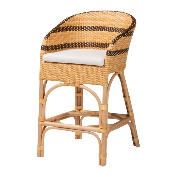 Baxton Studio bali Elma Rattan Counter Stool with Cushion - Chic Barrel-Back Design for Boho Coastal Kitchens Elma-Natural/Brown Stripes-Rattan-Cushion-CS