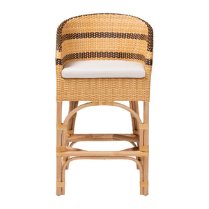 Baxton Studio bali Elma Rattan Counter Stool with Cushion - Chic Barrel-Back Design for Boho Coastal Kitchens Elma-Natural/Brown Stripes-Rattan-Cushion-CS