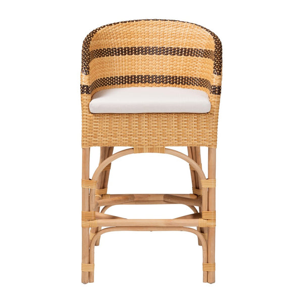 Baxton Studio bali Elma Rattan Counter Stool with Cushion - Chic Barrel-Back Design for Boho Coastal Kitchens Elma-Natural/Brown Stripes-Rattan-Cushion-CS