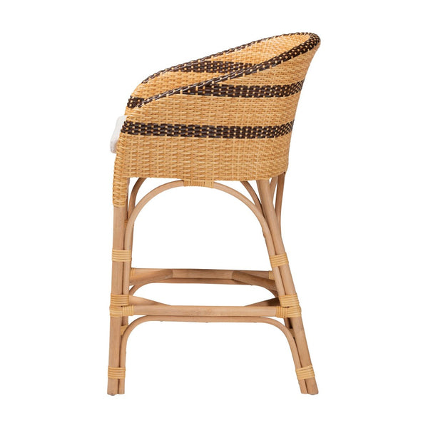 Baxton Studio bali Elma Rattan Counter Stool with Cushion - Chic Barrel-Back Design for Boho Coastal Kitchens Elma-Natural/Brown Stripes-Rattan-Cushion-CS
